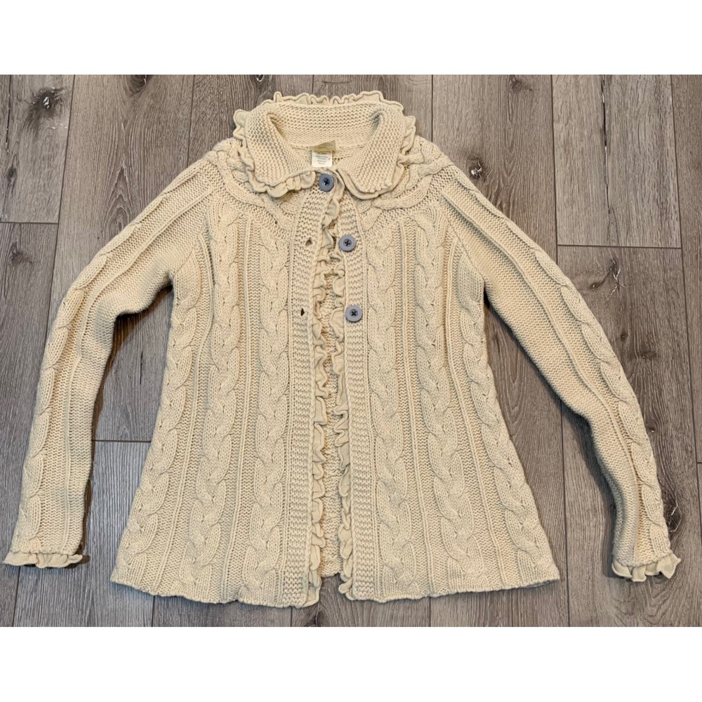 Matilda Jane Cream Cable Knit Ruffle Wool Cardigan Sweater Retro Cottagecore S